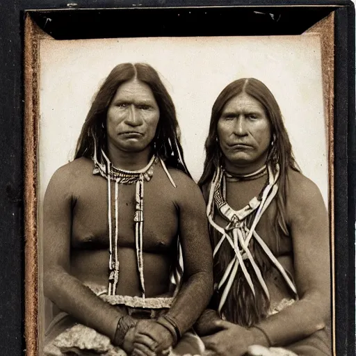 Prompt: Precolumbian America, Native American tribesmen, tribeswomen, tintype photograph, 1250 AD photograph