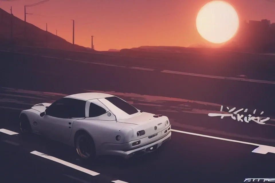 Prompt: aesthetic illustration of ryosuke takahashi with black hair, standing by his white glossy mazda rx 7 on an empty highway at sunrise, cinematic lighting, initial d anime 1 0 8 0 p, detailed anime face, high detail, 9 0 s anime aesthetic, volumetric lights, rule of thirds, unreal engine 5 render, pinterest wallpaper, trending on artstation