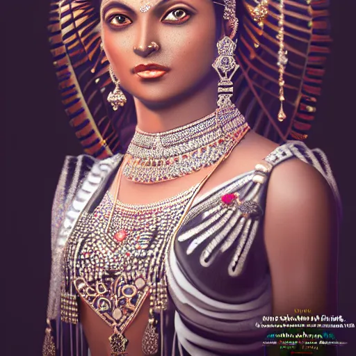 Image similar to portrait of wonderful indian princess of diamond with dark skin, ornate with diamonds, 8 k, gorgeous, intricate, detailed, glowing white accent lighting, dramatic lighting, octane render