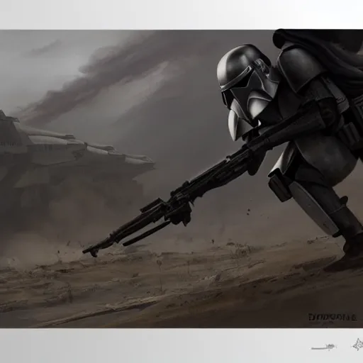 Image similar to full body shot of an imperial stormtrooper in battle position ready to shoot his blaster concept art by Doug Chiang cinematic, realistic painting, high definition, very detailed, extremely high detail, photo realistic, concept art, the Mandalorian concept art style