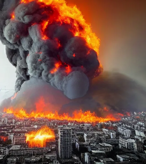 Image similar to Powerful giant destroying city, everything in fire, realistic photo, high detailed