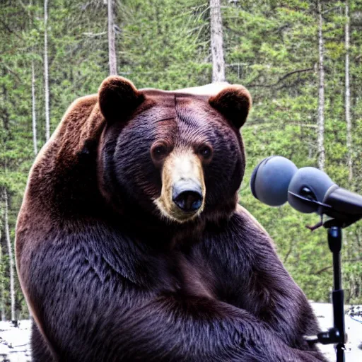 Prompt: a bear being interviewed on the Joe Rogan Experience podcast, professional photograph, 8k