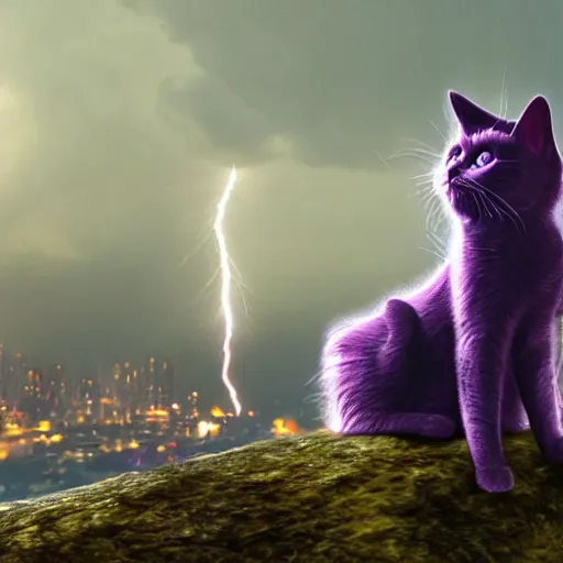 Image similar to a cat is sitting on a rock and looks at a total fallout city, while it is radioactive raining and a wild ghoul is coming nearby, there is a lightning which is purple, the cat is extrem realistic