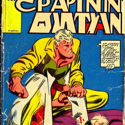 Prompt: vintage comic action book with sleepy man, capitan valium