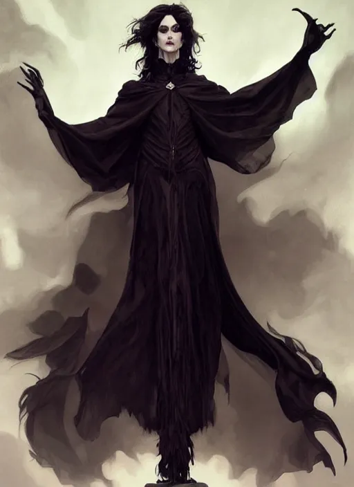 Image similar to goth tall man with wind swept black hair wearing a long flowing black cape , intricate, elegant, highly detailed, digital painting, artstation, concept art, smooth, sharp focus, illustration, art by artgerm and greg rutkowski and alphonse mucha and francisco goya