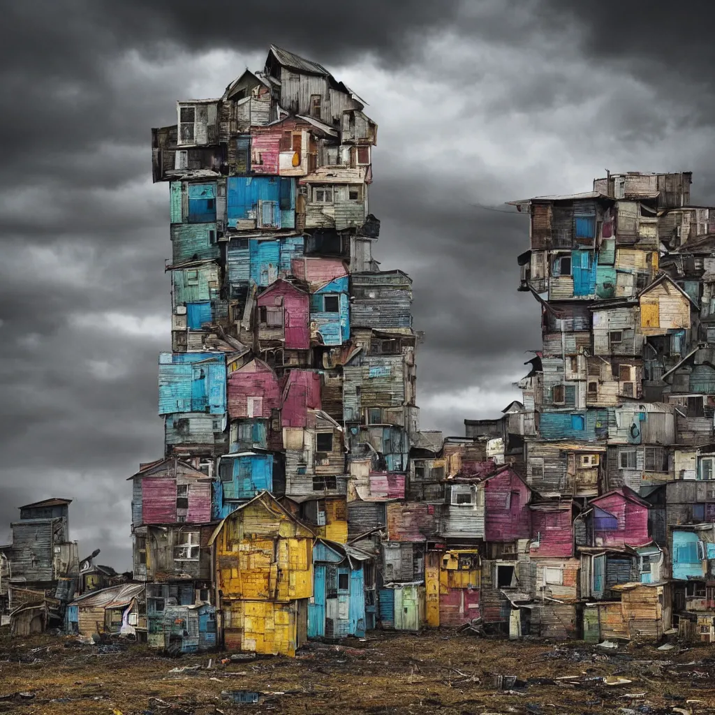 Prompt: towers made up of colourful makeshift squatter shacks, bleached colours, moody cloudy sky, dystopia, mamiya, very detailed, photographed by ansel aams