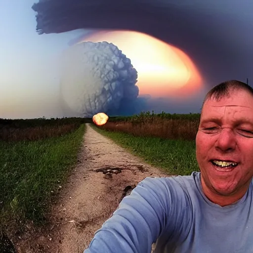 Prompt: radiation eats a ukrainian alive a selfie a second before death, against the backdrop of a huge nuclear explosion from which the skin has already burned to the bone