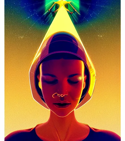 Image similar to a golden woman 2/3 portrait, in space, head breaking apart and spiraling geometry into the sky upwards into the heavens, 3 point perspective, lazer light beaming down to top of her head, by james jean, by syd mead artgerm, featured in artstation,, elegant, Moebius, Greg rutkowski, futurism