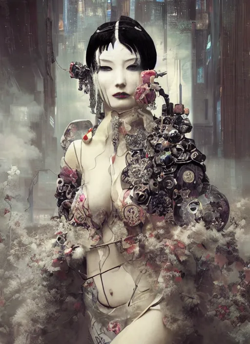 Image similar to portrait of a seductive cyberpunk latex geisha, modern fine art, fractal, in the style of ghosts in the machine, intricate ornaments, elegant, highly detailed, digital photography, subsurface scattering, by greg rutkowski,