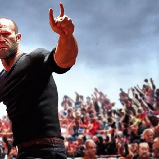 Image similar to a scene of jason statham as wrestler entering entrances, with pyro