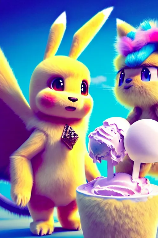 Prompt: high quality 3 d render hyperrealist very cute pastel fluffy! aztec warrior & quetzalcoatl eating giant ice cream, vray smooth, in the style of detective pikachu, hannah yata, very dramatic light, low angle, uhd 8 k, shallow depth or field