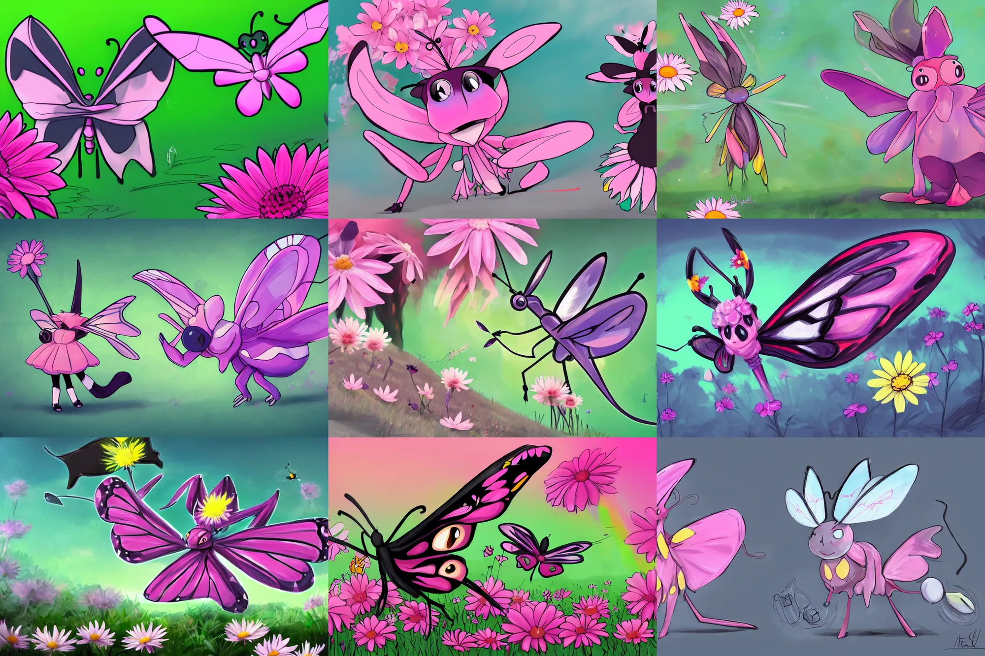 Prompt: butterfly pokemon with black eyes and antennae like a mantis wearing a floe pink hat floating over a field of daisies wearing converse skater shoes and a witch hat, concept art by brent hollowell artstation