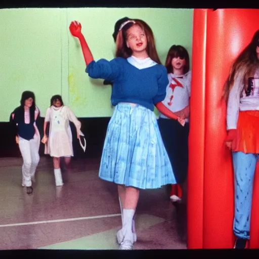 Image similar to teenage girl holds hands with inflatable toy boyfriend at high school, 1978 color Fellini film, in school hallway, dirty walls, archival footage, technicolor film, 16mm, live action, John Waters