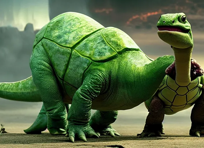 Image similar to film still of yoshi in the new sci - fi movie, cute upright standing upright upright dinosaur standing on its hind legs with a small turtle shell and long tongue, 8 k