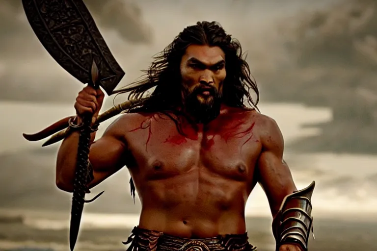 Image similar to film still from conan the barbarian, jason momoa as conan, wearing royal crimson fantasy ornate spartan dragon scale armor, volumetric lighting, wet skin and windblown hair, muscular!!!, battle action pose, ridley scott, high contrast