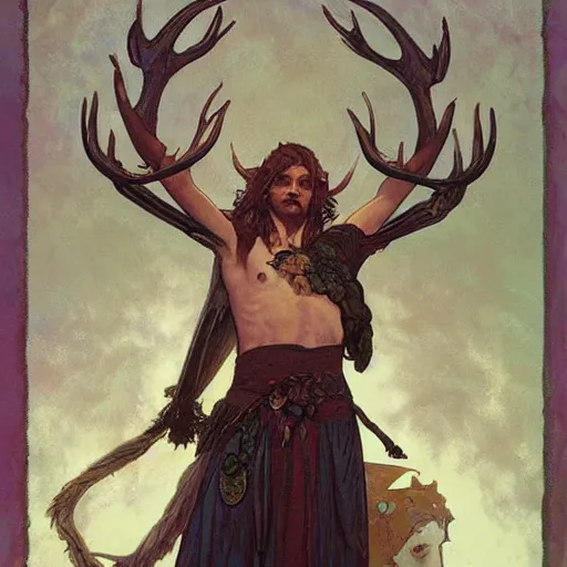 Image similar to haughty Viking fae god with shining eyes and antlers, by Greg Rutkowski, Alphonse Mucha, and Brom