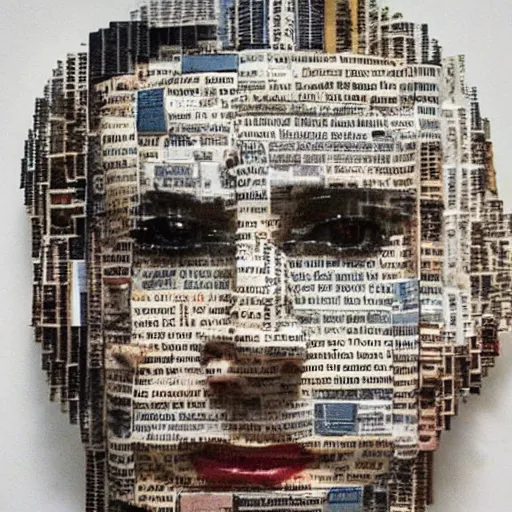 Image similar to portrait constructed from newspaper clips, layered composition, layers, texture, mcu, newspaper, highly textured, layered, sculpted, dynamic,