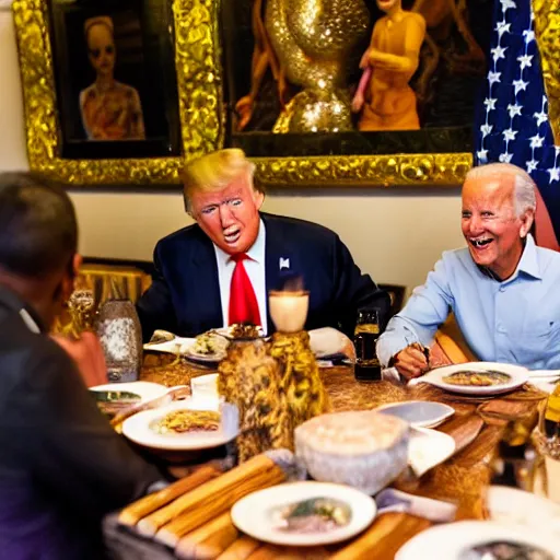 Image similar to donald Trump and joe Biden having dinner at a fancy Balinese restaurant, award winning photography, 85mm, perfect faces