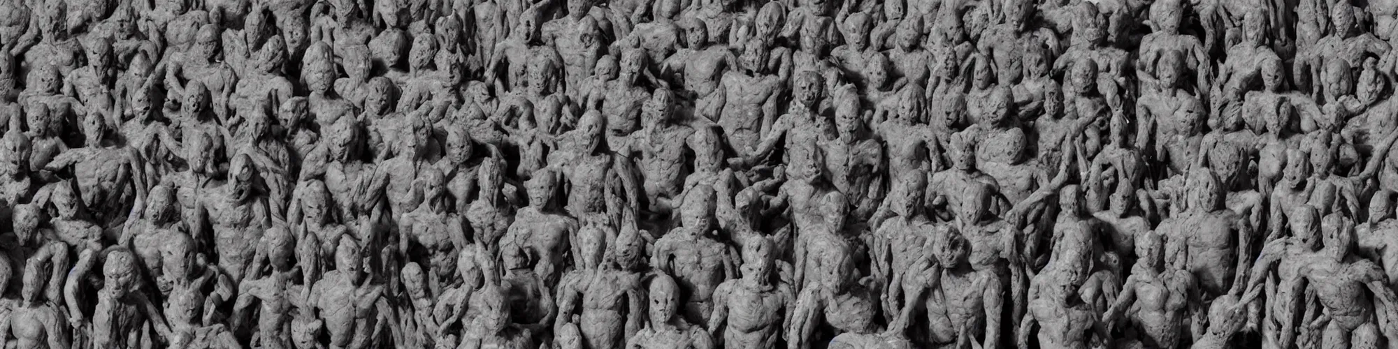 Image similar to hundreds of humans. A sea of humans. interconnected flesh. Melting clay golem humans. Dungeons&Dragons: Lemure. Lemure creature. Demonic scene. Many humans intertwined and woven together. Bodies and forms amesh. Extremely unsettling artwork. Clay sculpture by Alberto Giacometti.