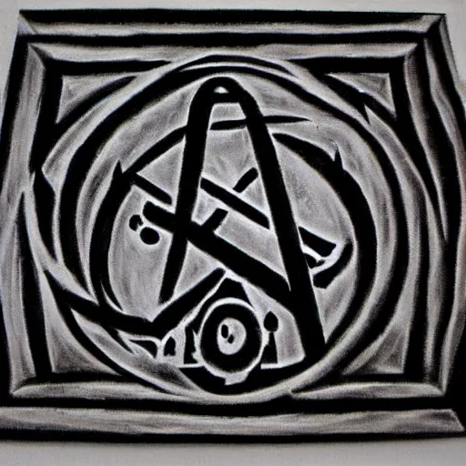 Prompt: complicatet evil occult symbol carved in a white canvas, charcoal