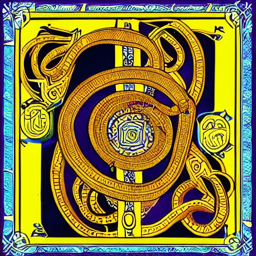 Prompt: a snake biting itself in the center of a tarot card with intricate details in the frames, symmetry, golden ratio, arab letters, colors: yellow, blue, violet, red, green, 4k, high quality render.