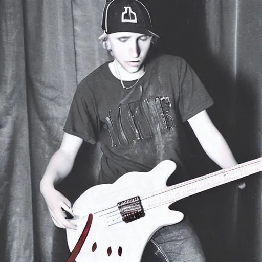 Image similar to 19-year-old white boy wearing backwards baseball cap, baggy jeans, playing 7-string guitar, nü metal concert, rap metal, alternative metal, 1999 photograph