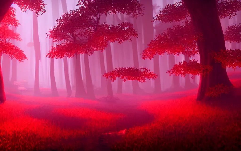 Prompt: gloomy sparse fairytale forest with a beautiful sparkling stream of glowing red water flowing through, visual novel key visual, award - winning digital art on pixiv, trending on artstation - cinematic lighting, dramatic lighting, stunning and beautiful scenery - highly detailed, hyperrealistic, unreal engine 5, in the style of kingdom hearts