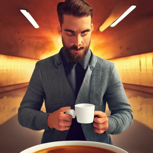 Image similar to ultra realist render of a nuclear blast background, daily clothed man drinking his coffee, partial symmetry accurate features, very intricate details, focus, award winning