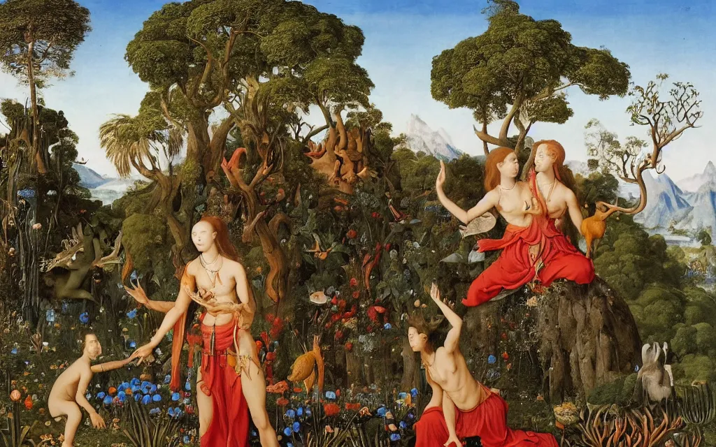 Prompt: a portrait photograph of a meditating harpy and a centaur king feeding tropical animals at a wide river delta. surrounded by bulbous flowers, animals and trees. mountain range under a vast blue sky of burning stars. painted by jan van eyck, max ernst, ernst haeckel and artgerm, cgsociety, artstation, fashion editorial