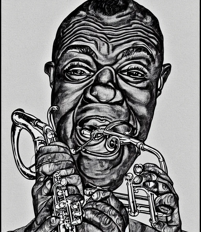 Prompt: detailed line art portrait of louis armstrong, inspired by egon schiele. caricatural, minimalist, bold contour lines, musicality, soft twirls curls and curves, confident personality, raw emotion