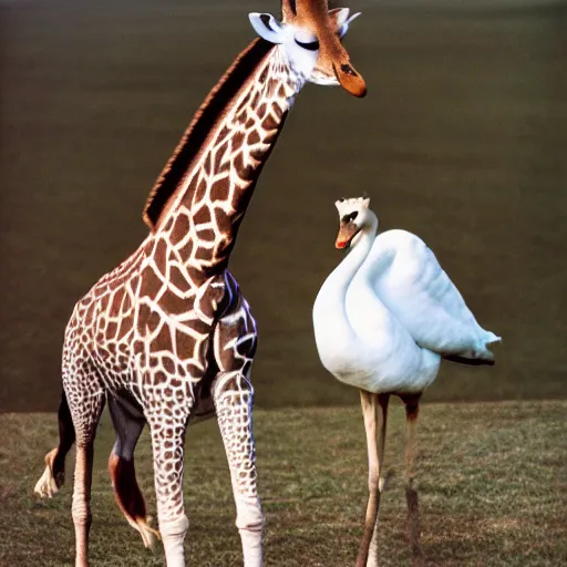 Image similar to a portra 800 photograph of a hybrid between a giraffe and a swan