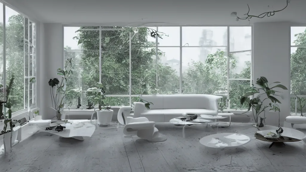 Prompt: a wide angle, utopian dreamy retrofuturistic living room, wabi - sabi, white smooth plastic walls, windows to foggy garden by vincent callebaut and james jean and nikita replyanski and mark ryden, vray render 4 k