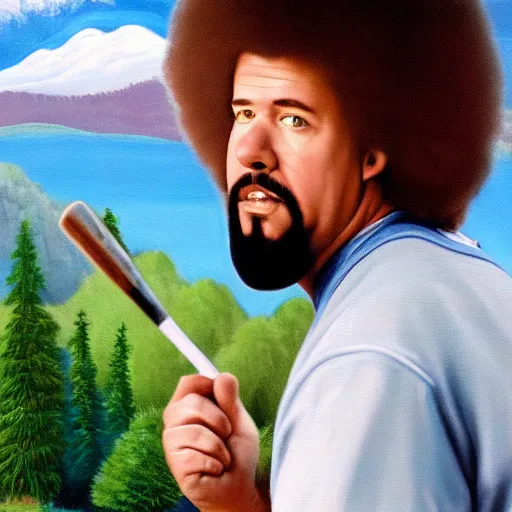 Prompt: a closeup photorealistic photograph of bob ross themed kenny powers playing baseball, painting on a canvas. mountains and trees. film still. brightly lit scene. this 4 k hd image is trending on artstation, featured on behance, well - rendered, extra crisp, features intricate detail, epic composition and the style of unreal engine.