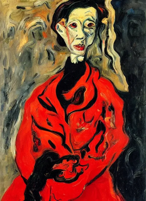 Image similar to an oil portrait of an extremely interesting looking woman in a black fury coat and red dress, a sophisticated composition, in expressive style of Chaim Soutine and Frank Auerbach and Van Gogh, complimentary palette