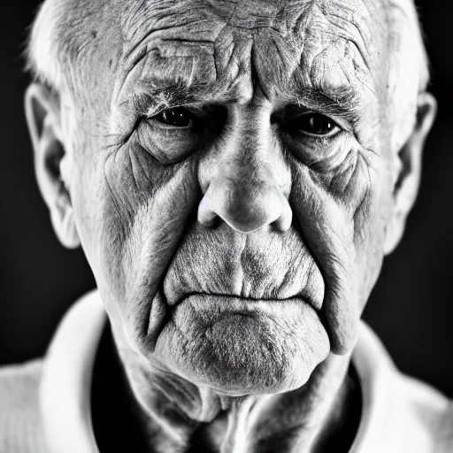 Prompt: symmetrical, close up face portrait of old man, scowling, studio lighting, depth of field, photography, black and white, highly detailed
