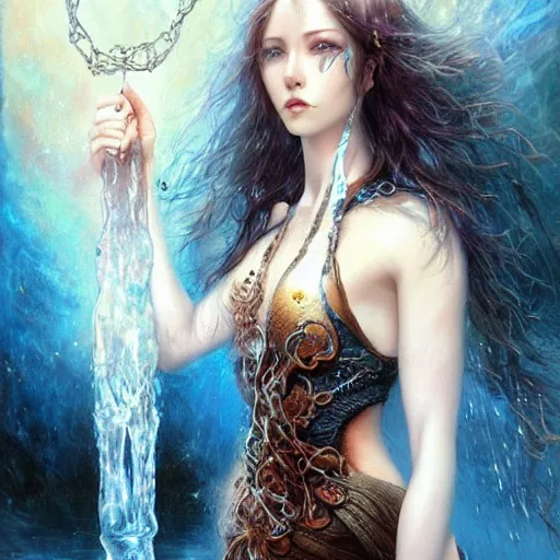 Image similar to a beautiful hangman manipulating water by karol bak, ayami kojima, artgerm, river, water, blue eyes, smile, concept art, fantasy