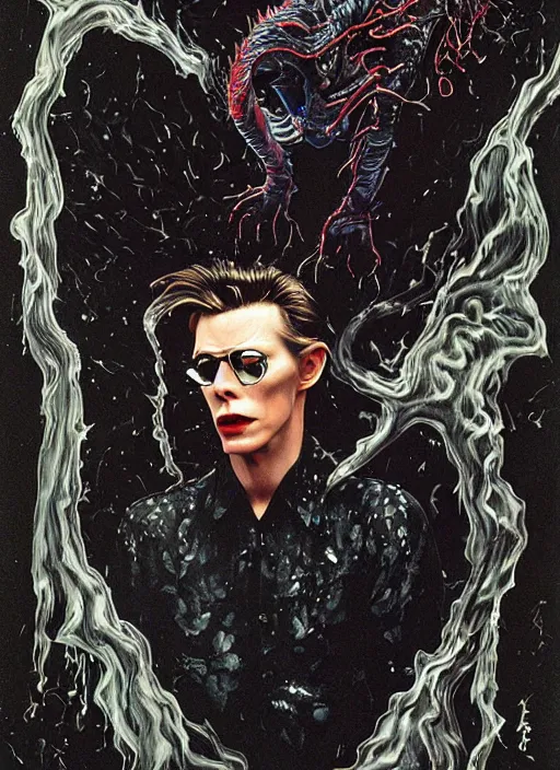 Prompt: twin peaks poster art, david bowie finds the black dragon made of ferrofluid, viscous, sticky, full of black goo, splattered black goo, dripping black goo, splattered goo, by michael whelan, rossetti bouguereau, artgerm, retro, nostalgic, old fashioned