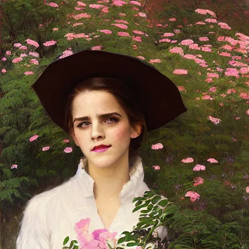 Image similar to sleeping thick paint brush strokes full body fashion model smiling emma watson by Jeremy Lipking by Hasui Kawase by Richard Schmid (((smokey eyes makeup eye shadow fantasy, glow, shimmer as victorian woman in a long white frilly lace dress and a large white hat having tea in a sunroom filled with flowers, roses and lush fern flowers ,intricate, night, highly detailed, dramatic lighting))) , high quality