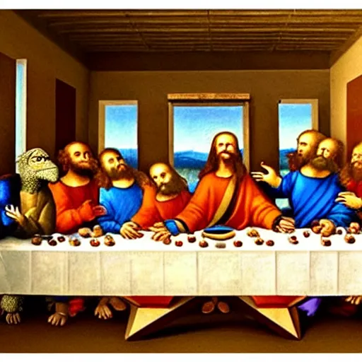 Prompt: high quality ,the last supper but with charaters from the Muppets ,in leonardo da vinci style