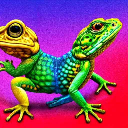 Image similar to three animals,trio, toad with wings front view holding a hand rainbow reptile front view holding hand golden lizard front view, trio, artstation, concept art, master illustration, details, good clear quality, fun - w 704