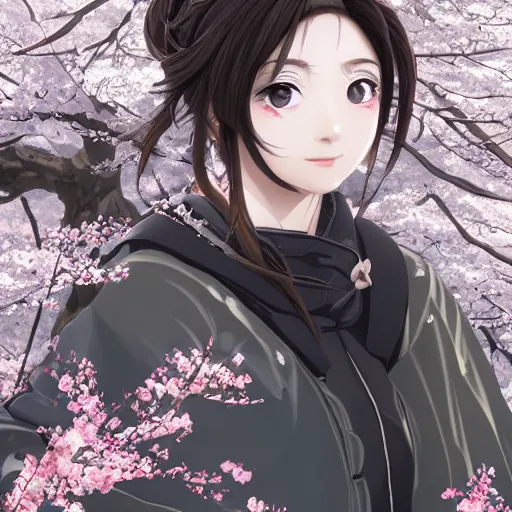 Prompt: a portrait of a techwear hakama princess, beautiful and detailed eyes, with snow forest and cherry blossoms in the background, by kyoto animation, dramatic lighting, manga cover, highly detailed, incredible quality, trending on artstation