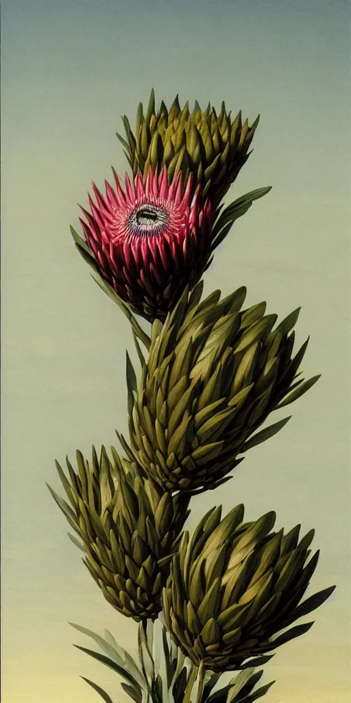 Image similar to tall king proteas against a black backdrop by martin johnson heade, detailed brush strokes, artstation