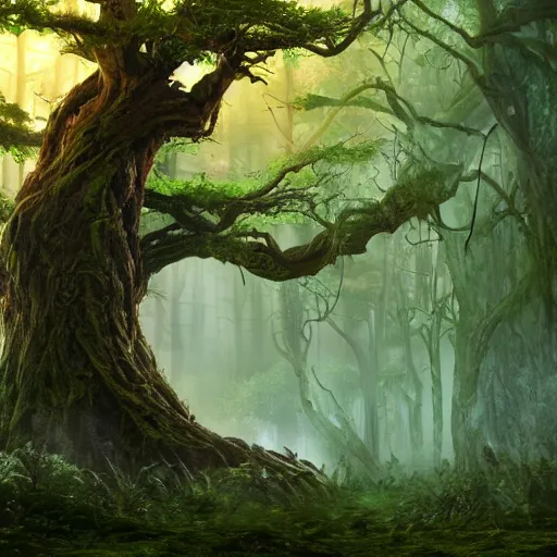 Prompt: horrific, spectacular tree in a densely overgrown forest, fantasy, dreamlike sunraise, ultra realistic