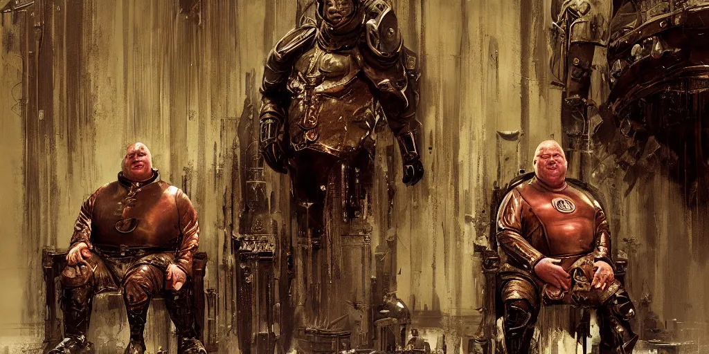 Image similar to shaun ryder as baron harkonnen wearing a leather spacesuit and sitting on a throne in the throne room on guidi prime, by normal rockwell and craig mullins and jeremy mann, photoreal, science fiction character concept art, artstation