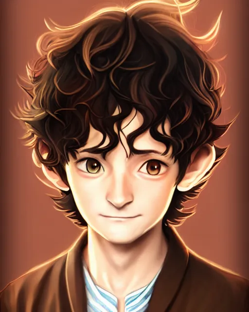 Prompt: portrait Anime joyful Hobbit Frodo Baggins; velvet brown jacket, backpack, Shire background || cute-fine-face, pretty face, realistic shaded Perfect face, fine details. Anime. realistic shaded lighting by Ross Tran