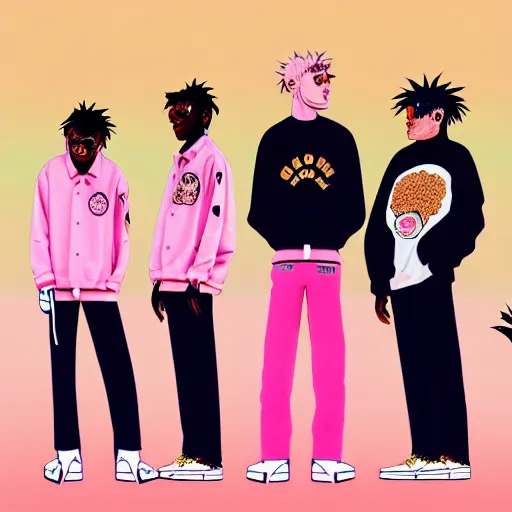 Prompt: a photoshoot for a golf le fleur clothing line starring gorillaz, 8 k concept art, golden hour, vintage, pink skies, cloudy, dreamy, extremely detailed, by damon albarn, mixed media