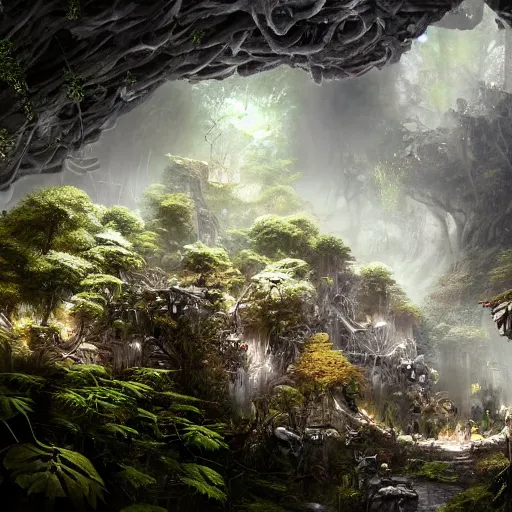 Image similar to biocomputer heart and white biocomputer flowers and biomechanical flowers in a cave forest, intricate environment, matte painting, diffused lighting, highly detailed cinematic, epic composition, highly detailed, atmospheric, wide angle, artstation trending