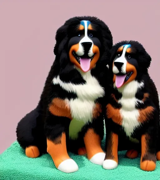 Image similar to a bernese mountain dog sitting next to a person, the person is a small toy figurine, the dog is a large large dog