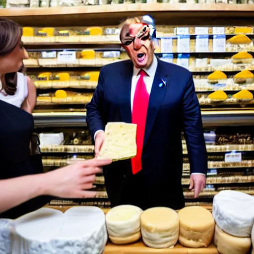 Image similar to Donald Trump stealing cheese from a cheese specialty store