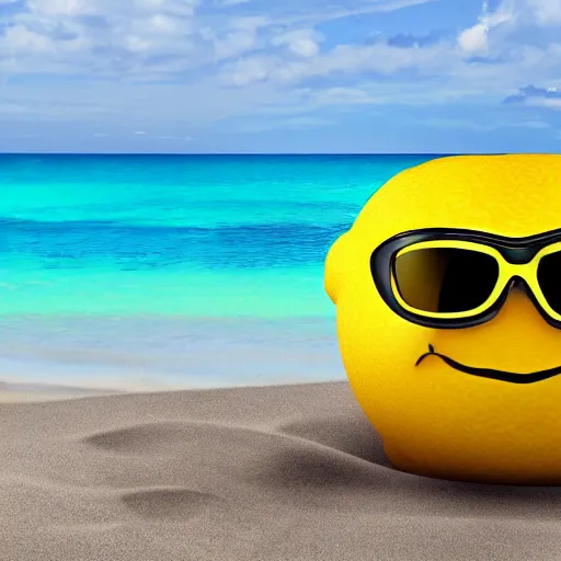 Prompt: an amazing award winning photo of a huge smiling lemon with sunglasses on a beautiful beach resort, masterpiece, very detailed